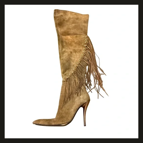 Gianmarco Lorenzi Suede Fringe Over-the-Knee Zipper High Heel Boots Size 39 EUC - Picture 6 of 16